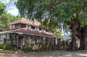 MAISON CREOLE ET ARBRES REMARQUABLES DU JARDIN TROPICAL DE L'HABITATION CLEMENT, ANCIENNE DISTILLERIE DE RHUM, RHUMERIE, LE FRANCOIS, MARTINIQUE, ANTILLES FRANCAISES, FRANCE 