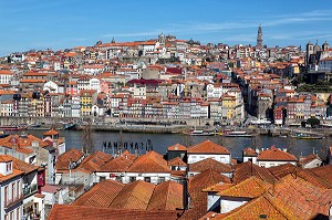 VUE AU DESSUS DES TOITS EN TUILES ROUGES DES ENTREPOTS SANDEMAN DE VILA NOVA DE GAIA AVEC LA VILLE DE PORTO SEPAREE PAR LE FLEUVE DOURO, PORTUGAL 