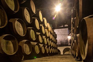 TONNEAUX ET FOUDRES DANS LES CAVES DE VIEILLISSEMENT DES VINS DE PORTO DE LA SOCIETE FERREIRA, VILA NOVA DE GAIA, PORTO, PORTUGAL 