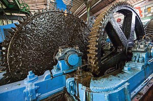 ROUE A ENGRENAGE DE LA MACHINE POUR BROYER ET EXTRAIRE LE JUS DE CANNE A SUCRE, DISTILLERIE DE RHUM LA FAVORITE, FORT-DE-FRANCE, MARTINIQUE, ANTILLES FRANCAISES, FRANCE 