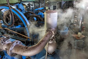 MACHINE POUR BROYER ET EXTRAIRE LE JUS DE CANNE A SUCRE, DISTILLERIE DE RHUM LA FAVORITE, FORT-DE-FRANCE, MARTINIQUE, ANTILLES FRANCAISES, FRANCE 