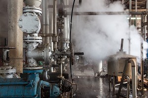 VAPEUR D'EAU DES COLONNE DE DISTILLATION, DISTILLERIE MARTINIQUAISE DE RHUM DES PLANTATIONS SAINT-JAMES, SAINTE-MARIE, MARTINIQUE, ANTILLES FRANCAISES, FRANCE 