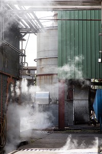 VAPEUR D'EAU DES COLONNE DE DISTILLATION, DISTILLERIE MARTINIQUAISE DE RHUM DES PLANTATIONS SAINT-JAMES, SAINTE-MARIE, MARTINIQUE, ANTILLES FRANCAISES, FRANCE 