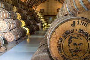 FUT DE RHUM EN CHENE DANS LA CAVE DE VIEILLISSEMENT, HABITATION CLEMENT, DOMAINE DE L'ACAJOU, LE FRANCOIS, MARTINIQUE, ANTILLES FRANCAISES, FRANCE 