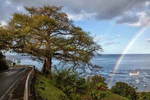 ARC-EN-CIEL SUR LA BAIE AVEC SES BATEAUX, ANSE TURIN, SAINT-PIERRE, MARTINIQUE, ANTILLES FRANCAISES, FRANCE 