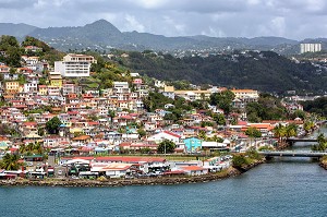 HABITATIONS TRADITIONNELLES, MAISONS COLOREES EN BORD DE MER, QUARTIER TEXACO ET CLAIRIERE RIVE DROITE, FORT-DE-FRANCE, MARTINIQUE, ANTILLES FRANCAISES, FRANCE 