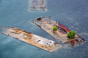 CIMETIERE MARITIME OU LA VEGETATION, DES PALETUVIERS INVESTISSENT LES CARCASSES ROUILLEES, FORT-DE-FRANCE, MARTINIQUE, ANTILLES FRANCAISES, FRANCE 