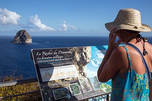 FEMME AU CHAPEAU DE PAILLE, PANORAMA DU ROCHER DU DIAMANT, LES ANSES-D‘ARLET, MARTINIQUE, ANTILLES FRANCAISES, FRANCE 