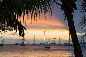 COUCHER DE SOLEIL SUR LES BATEAUX DE LA GRANDE ANSE D'ARLET, LES-ANSES-D'ARLET, MARTINIQUE, ANTILLES FRANCAISES, FRANCE 