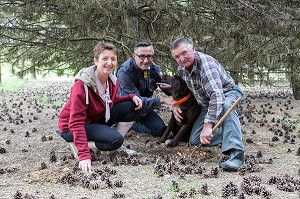 RAMASSAGE DES TRUFFES BLANCHES AVEC JACK ET CHRISTELLE BOIS ET LA CHIENNE LABRADOR JULIE, NOTTONVILLE (28), FRANCE 