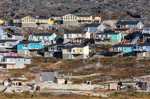 ELEVAGE DE CHIENS DE TRAINEAUX DEVANT LES PETITES MAISONS COLOREES EN BOIS, ILULISSAT, GROENLAND 