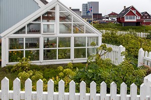 SERRES EN VERRE VERANDA DEVANT LE JARDIN, MAISONS COLOREES DE LA VILLE DE  NUUK, CAPITALE DU GROENLAND 