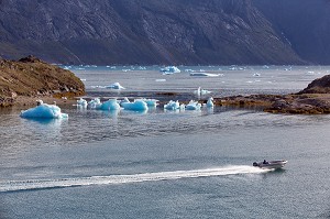 ICEBERGS  DETACHES DES LANGUES GLACIERES, ENTREE DU FJORD DE LA BAIE DE NARSAQ, GROENLAND 