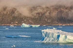 PAYSAGE POLAIRE AVEC LES ICEBERGS FLOTTANT DANS LE FJORD DE LA BAIE DE NARSAQ, GROENLAND