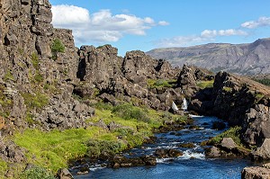 GORGES DE L’ALMANNAGJA, PARC NATIONAL DE THINGVELLIR, LIEU DE L'ANCIEN PARLEMENT OU FUT PROCLAME L'INDEPENDANCE DE L'ISLANDE, SITE CLASSE AU PATRIMOINE MONDIAL DE L'UNESCO, CERCLE D'OR, GOLDEN CIRCLE, ISLANDE 