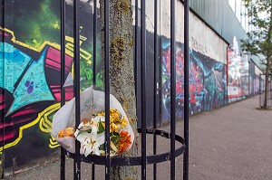 BOUQUET DE FLEURS EN HOMMAGE AUX VICTIMES, FRESQUES MURALES SUR LE MUR DE LA PAIX (PEACE LINE) SEPARANT LE QUARTIER PROTESTANT SHANKILL DE FALLS CATHOLIQUE, SPRINGMARTIN ROAD, QUARTIER OUEST, BELFAST, ULSTER, IRLANDE DU NORD 