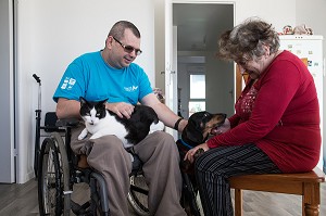 HOMME HANDICAPE PHYSIQUE DANS SON FAUTEUIL ROULANT AVEC SA FEMME AVEC SON CHAT ET SON CHIEN, CHARTRES (28), FRANCE 