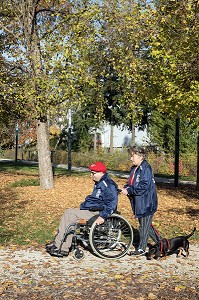 HOMME HANDICAPE PHYSIQUE DANS SON FAUTEUIL ROULANT AVEC SA FEMME ET SON CHIEN DANS LA PARC EN AUTOMNE, CHARTRES (28), FRANCE 