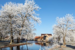 MOULIN A EAU SUR LES BORDS DE LA RISLE, GIVRE DANS LES ARBRES BLANCS EN HIVER, RUGLES (27), FRANCE 