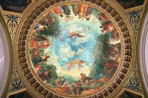 PLAFOND DU DOME DE LA BIBLIOTHEQUE PEINT PAR EUGENE DELACROIX, DANTE RECU PAR HOMERE, HORACE ET OVIDE, 1841-1846, INTERIEUR DU SENAT, PALAIS DU LUXEMBOURG, CHAMBRE HAUTE DU PARLEMENT FRANCAIS, PARIS (75), FRANCE 