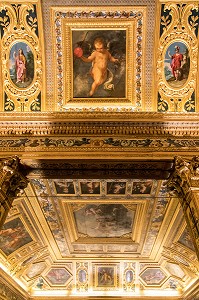 PLAFOND EN BOIS PEINT DE LA SALLE DU LIVRE D'OR, INTERIEUR DU SENAT, PALAIS DU LUXEMBOURG, CHAMBRE HAUTE DU PARLEMENT FRANCAIS, PARIS (75), FRANCE 