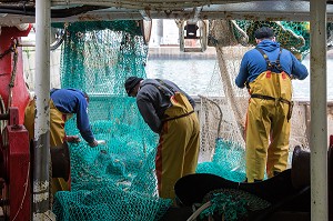 PECHEURS REPARANT LEURS FILETS DE PECHE, PORT DE GRANVILLE (50), FRANCE 