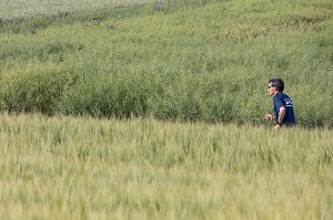 COUREUR SUR LE CHEMIN DE RANDONNEE PEDESTRE SUR LES HAUTS DE CHARTRES (28), FRANCE 