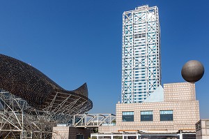 LA BALEINE DE BRONZE (BALENA IN BRONZO) DE L'ARCHITECTE FRANCK GERHY ET LE RESTAURANT MARINA BAY, PASSEIG MARITIM, BARCELONE, CATALOGNE, ESPAGNE 