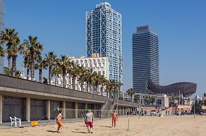 JEU DE PLAGE AVEC LA LA BALEINE DE BRONZE (BALENA IN BRONZO) DE L'ARCHITECTE FRANCK GERHY, PASSEIG MARITIM DE LA BARCELONETA, BARCELONE, CATALOGNE, ESPAGNE 