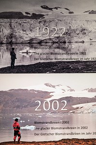 FONTE DES GLACIERS EN 80 ANS, MUSEE POLAIRE DU VILLAGE DE NY ALESUND, LOCALITE LA PLUS AU NORD DU MONDE (78 56N), SPITZBERG, SVALBARD, OCEAN ARCTIQUE, NORVEGE