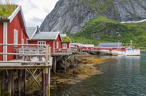 MAISONS DE PECHEURS TRADITIONNELLES EN BOIS DE COULEUR ROUGE, VILLAGE DE REINE, FJORD DE VESTFJORD, ILES LOFOTEN, NORVEGE 
