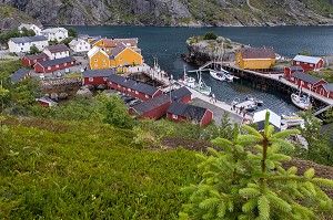 PORT DE PECHE ENTOURE DE MONTAGNE AVEC SES MAISONS DE PECHEURS TRADITIONNELLES EN BOIS DE COULEUR ROUGE ET JAUNE, NUSFJORD, FJORD DE VESTFJORD, ILES LOFOTEN, NORVEGE 