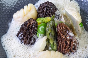 MORILLES FARCIES, PRIMEURS ET GNOCCHIS, SAUCE CREME, RECETTE DU CHEF ETOILE LAURENT CLEMENT, ATELIER DE CUISINE DU COURS GABRIEL, MARCHE DE SAISON, CHARTRES (28), FRANCE