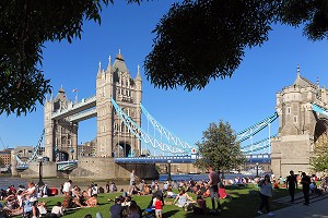 GROUPE DE PERSONNES ASSIS SUR LA PELOUSE DEVANT TOWER BRIDGE, LONDRES, GRANDE-BRETAGNE, EUROPE 