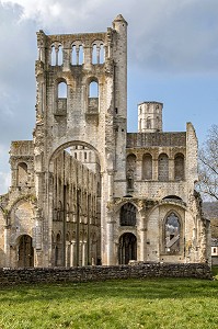 RUINES DE L'ANCIENNE EGLISE ABBATIALE (NEF ET TRANSEPT ROMAN), ABBAYE DE JUMIEGES, ANCIEN MONASTERE BENEDICTIN FONDE AU VII EME SIECLE ET RECONSTRUIT ENTRE LE IX EME ET LE XVII EME SIECLE, (76), FRANCE 