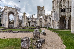 RUINES DE L'ANCIENNE EGLISE ABBATIALE (CHOEUR GOTHIQUE), ABBAYE DE JUMIEGES, ANCIEN MONASTERE BENEDICTIN FONDE AU VII EME SIECLE ET RECONSTRUIT ENTRE LE IX EME ET LE XVII EME SIECLE, (76), FRANCE 