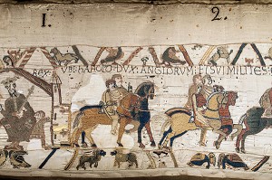 LE ROI D'ANGLETERRE EDOUARD LE CONFESSEUR DESIGNE SON BEAU FRERE HAROLD COMME SON SUCCESSEUR, TAPISSERIE DE BAYEUX  DE 1077 INSCRITE AU REGISTRE MEMOIRE DU MONDE PAR L'UNESCO, FRANCE 