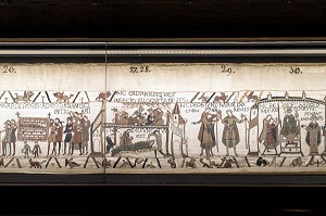 APRES LA MORT D'EDOUARD, HAROLD DEVIENT ROI HAROLD II ROI D'ANGLETERRE, TAPISSERIE DE BAYEUX  DE 1077 INSCRITE AU REGISTRE MEMOIRE DU MONDE PAR L'UNESCO, FRANCE 