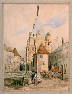 PIERRE-JUSTIN OUVRIE, LA PORTE CHARTRAINE ET LE BEFFROI, 19E SIECLE, AQUARELLE SUR PAPIER, MUSEE D'ART ET D'HISTOIRE, DREUX, EURE-ET-LOIR (28), FRANCE, MENTION OBLIGATOIRE : MUSEE D'ART ET D'HISTOIRE, DREUX 