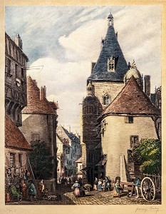 JEAN-FRANÇOIS GARNERAY (D’APRES), LE BEFFROI ET LA RUE PORTE CHARTRAINE A DREUX, 1820, GRAVURE, MUSEE D'ART ET D'HISTOIRE, DREUX, EURE-ET-LOIR (28), FRANCE, MENTION OBLIGATOIRE : MUSEE D'ART ET D'HISTOIRE, DREUX 