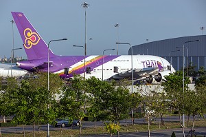 AVION DE LA COMPAGNIE THAI, BLANC ET VIOLET, A L'ARRET SUR LE TARMAC, AEROPORT, BANGKOK, THAILANDE 