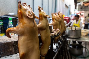 COCHONS BLANCS GRILLES SUR BROCHES, SPECIALITE THAILANDAISE, SCENE DE RUE, VILLE DE BANGKOK, THAILANDE 