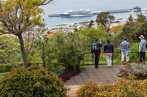 TOURISTE REGARDANT EN DIRECTION DU PORT DE PLAISANCE, JARDIN BOTANIQUE DE MADEIRA, FUNCHAL, ILE DE MADERE, PORTUGAL 