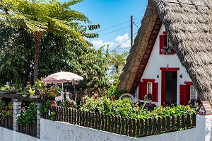 MAISONS TRADITIONNELLES AUX TOITS DE CHAUME, CASAS DE SANTANA, ILE DE MADERE, PORTUGAL 