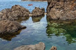 BAIGNEURS, PISCINES NATURELLES DANS LA ROCHE VOLCANIQUE, PORTO MONIZ, ILE DE MADERE, PORTUGAL 