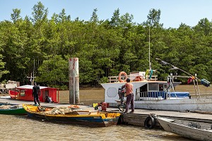 BATEAUX DE PECHEURS, EMBARCADERE DU MARCHE AUX POISSONS, KOUROU, GUYANE FRANCAISE, DEPARTEMENT-REGION D'OUTRE-MER, AMERIQUE DU SUD, FRANCE 
