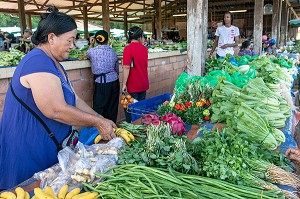 MARCHE HMONG (PEUPLE VENU D'ASIE), LES VIELLES FEMMES TIENNENT LES ETALS DE FRUITS ET LEGUMES, VILLAGE DE CACAO, GUYANE FRANCAISE, DEPARTEMENT-REGION D'OUTRE-MER, AMERIQUE DU SUD, FRANCE 