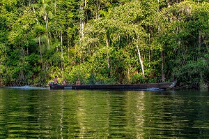 NAVIGATION EN PIROGUE, WAPA LODGE AU COEUR DE LA FORET AMAZONIENNE SUR LA RIVIERE KOUROU, GUYANE FRANCAISE, DEPARTEMENT-REGION D'OUTRE-MER, AMERIQUE DU SUD, FRANCE 