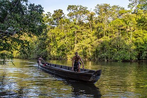 NAVIGATION EN PIROGUE, WAPA LODGE AU COEUR DE LA FORET AMAZONIENNE SUR LA RIVIERE KOUROU, GUYANE FRANCAISE, DEPARTEMENT-REGION D'OUTRE-MER, AMERIQUE DU SUD, FRANCE 