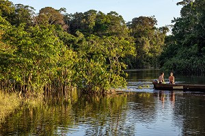NAVIGATION EN PIROGUE, WAPA LODGE AU COEUR DE LA FORET AMAZONIENNE SUR LA RIVIERE KOUROU, GUYANE FRANCAISE, DEPARTEMENT-REGION D'OUTRE-MER, AMERIQUE DU SUD, FRANCE 
